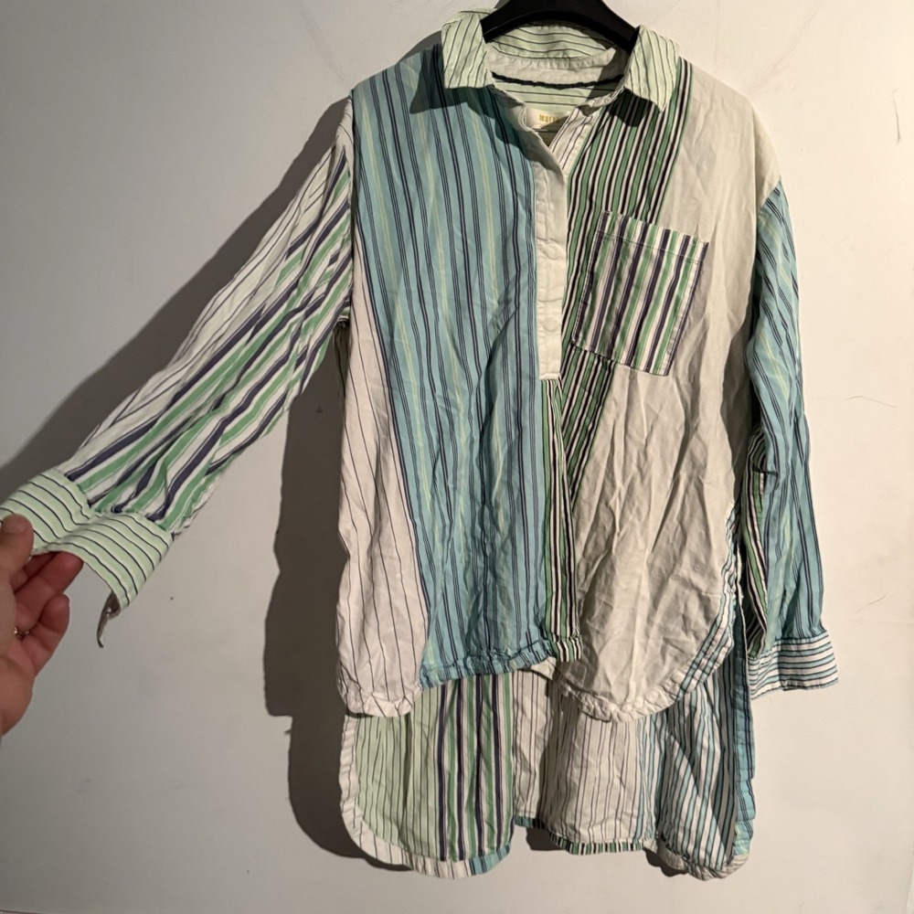 Maeve Anthropologie Shirt Blouse Small Oversized Blue Green Stripe Hi Low